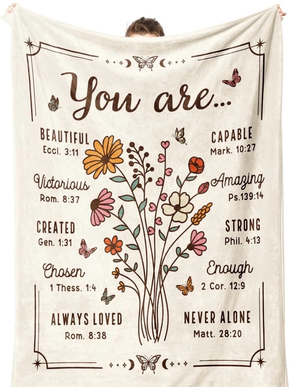 “You Are…” Floral Inspirational, Christian Throw Blanket - 60'' x 80'', Beige